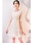 Light Champagne Lace Short Party Dress with Sleeves