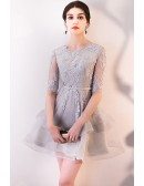 Grey Aline Lace Ruffled Short Homecoming Dress with Sleeves