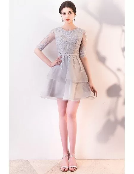 Grey Aline Lace Ruffled Short Homecoming Dress with Sleeves