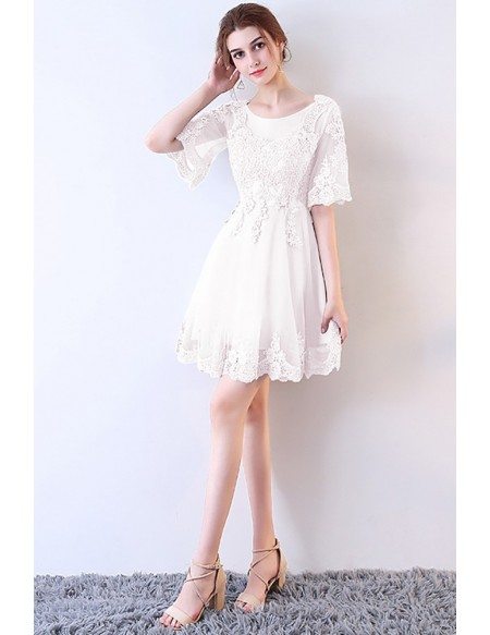 Short White Lace Aline Party Dress with Sleeves