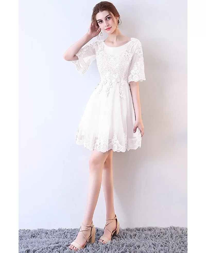 Short White Lace Aline Party Dress with Sleeves #MXL86008 - GemGrace.com