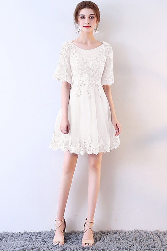 Short White Lace Aline Party Dress with Sleeves MXL86008