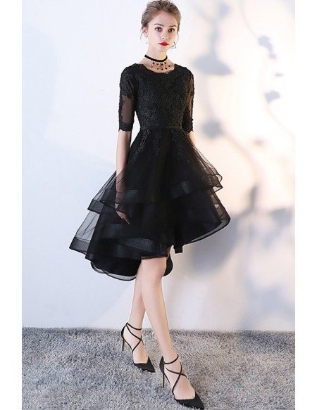 Chic Black Tulle High Low Homecoming Prom Dress with Lace