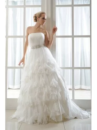 Ball-Gown Strapless Court Train Organza Wedding Dress With Ruffles Appliques Lace