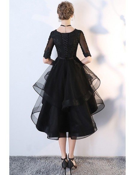 Chic Black Tulle High Low Homecoming Prom Dress with Lace
