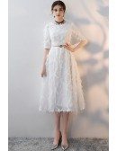 White Feathers Tea Length Party Dress with Sleeves
