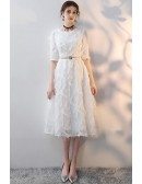 White Feathers Tea Length Party Dress with Sleeves