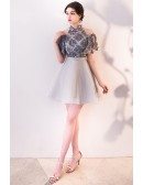 Cute Collar Grey Mini Homecoming Dress with Flowers