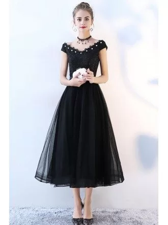 Beaded V-neck Black Tulle Party Dress Tea Length
