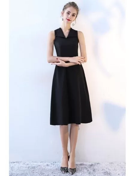 Simple Black V-neck Party Dress Knee Length