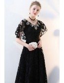 Long Black Lace Empire Formal Dress Vneck with Sleeves