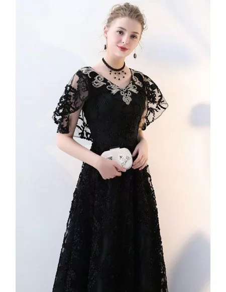 Long Black Lace Empire Formal Dress Vneck with Sleeves #BLS86038 ...