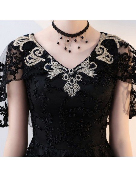 Long Black Lace Empire Formal Dress Vneck with Sleeves #BLS86038 ...