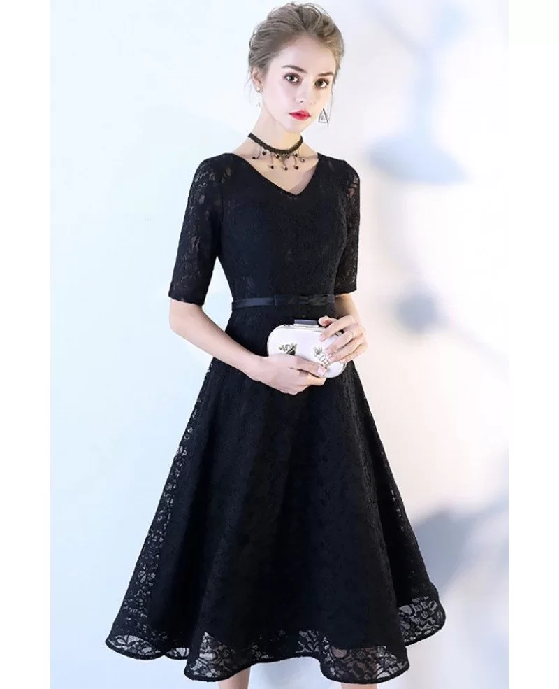 Black Full Lace Tea Length Party Dress with Sleeves #BLS86022 ...