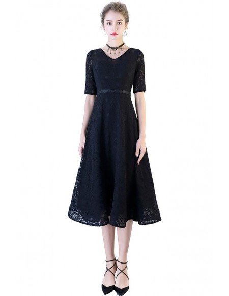 Black Full Lace Tea Length Party Dress with Sleeves