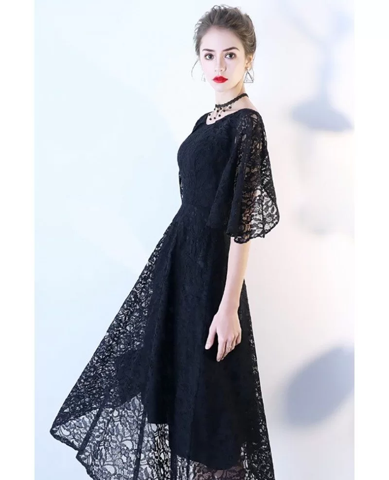 Long Black Lace Ankle Length Formal Dress with Cape Sleeves #BLS86020 ...