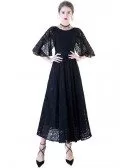 Long Black Lace Ankle Length Formal Dress with Cape Sleeves