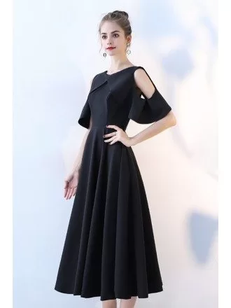 Black Tea Length Aline Party Dress with Cold Shoulder