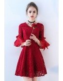 Burgundy Short Aline Lace Homecoming Party Dress Bell Sleeves