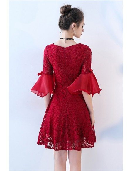 Burgundy Short Aline Lace Homecoming Party Dress Bell Sleeves
