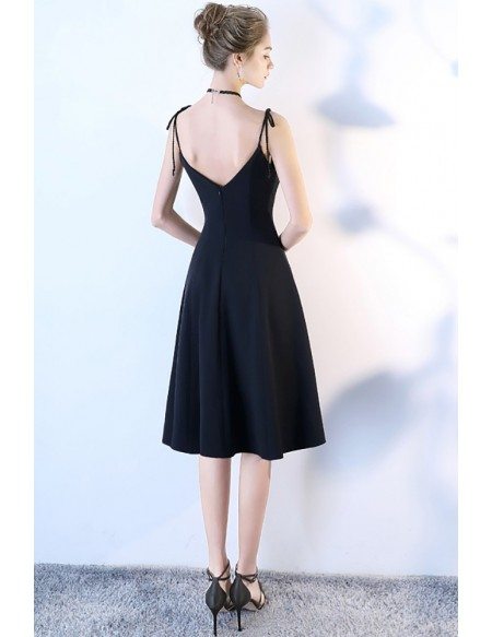 Chic Black Short Dress with Buttons Spaghetti Straps