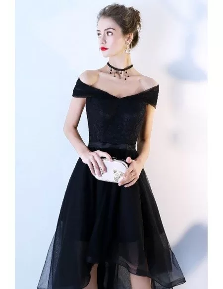 Black Off Shoulder Homecoming Party Dress High Low with Bow in Back