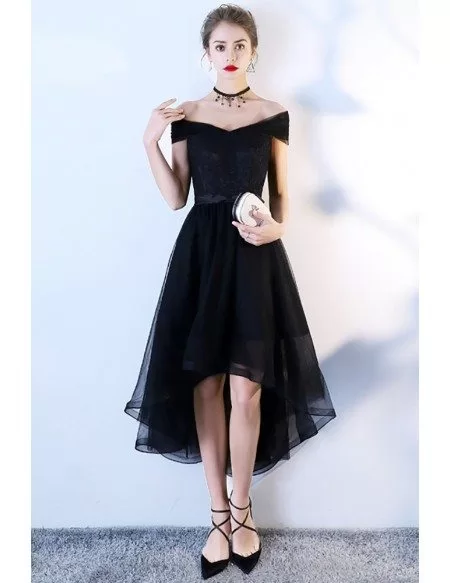 Black Off Shoulder Homecoming Party Dress High Low with Bow in Back