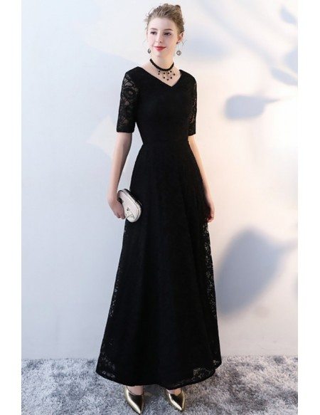 Long Black Lace Formal Dress Vneck with Half Sleeves