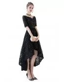 Black Lace High Low Homecoming Party Dress with Sleeves
