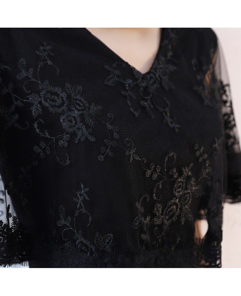 Classy Lace Cape Sleeve Short Black Formal Dress #BLS86049 - GemGrace.com