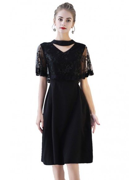 Classy Lace Cape Sleeve Short Black Formal Dress #BLS86049 - GemGrace.com