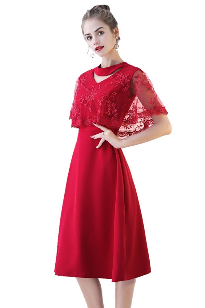 Modest Burgundy Red Lace Party Dress Knee Length #BLS86094 - GemGrace.com