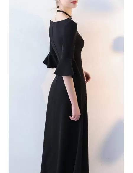 Elegant Ankle Length Black Formal Dress with Trumpet Sleeves