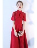 Burgundy Red High Neck Tea Length Party Dress with Sleeves