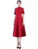 Burgundy Red High Neck Tea Length Party Dress with Sleeves