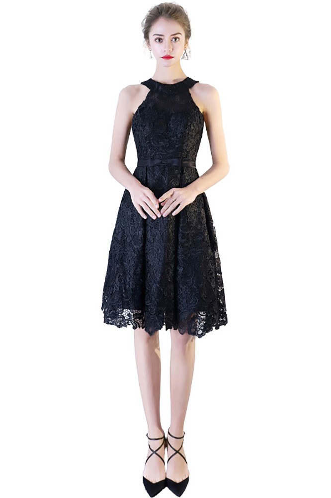 Little Black Lace Short Halter Party Dress #BLS86109 - GemGrace.com