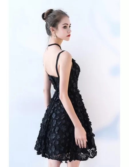 Little Black Aline Flowers Short Homecoming Dress with Straps