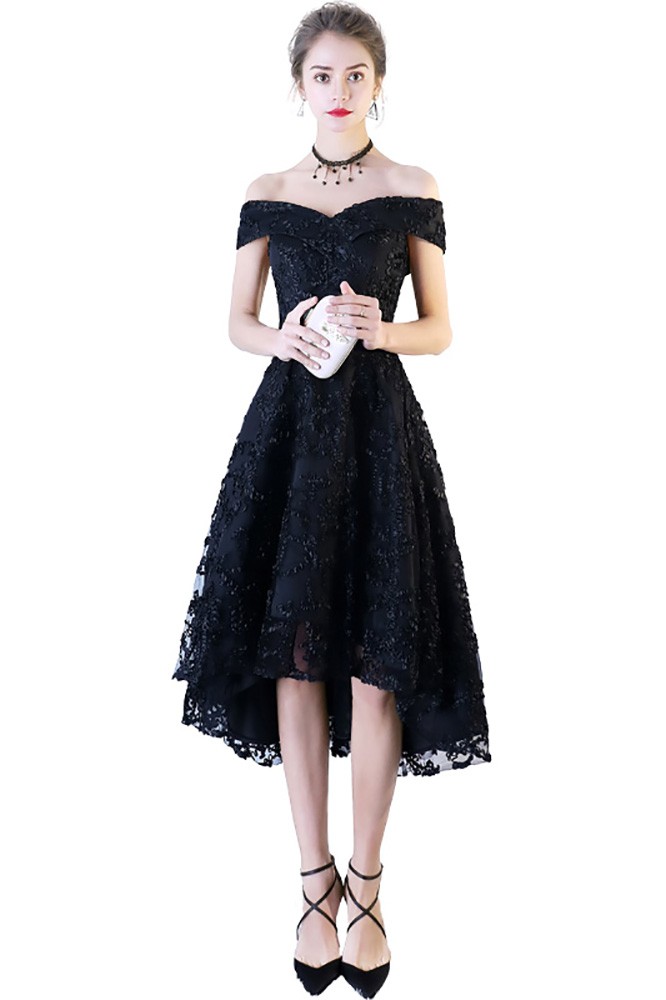 open lace back dress Elegant Long Black Off-The-Shoulder Lace Mermaid Prom Dress with Slit main image 1