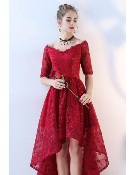 Red Lace V-neck High Low Prom Homecoming Dress with Sleeves