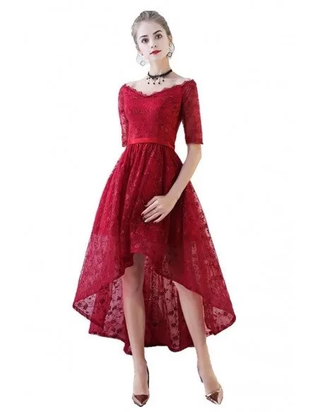 Red Lace V-neck High Low Prom Homecoming Dress with Sleeves