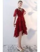 Burgundy Red Lace High Low Party Dress with Cape Sleeves