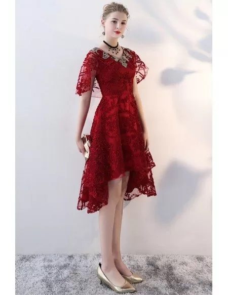 Burgundy Red Lace High Low Party Dress with Cape Sleeves