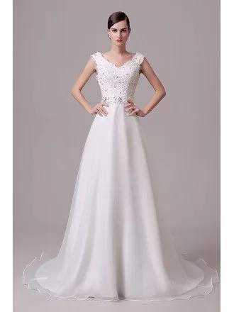 A-line V-neck Court-train Wedding Dress