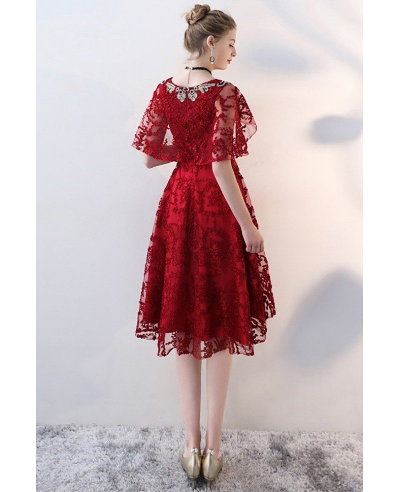 Burgundy Red Lace High Low Party Dress with Cape Sleeves #BLS86032 ...