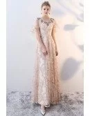 Elegant Champagne Long Prom Dress Lace with Sleeves