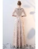 Elegant Champagne Long Prom Dress Lace with Sleeves