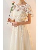 Long Tulle Champagne Wedding Party Dress with Cape Sleeves