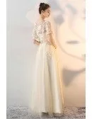 Long Tulle Champagne Wedding Party Dress with Cape Sleeves