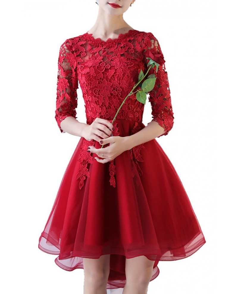 Pretty High Low Lace Prom Homecoming Dress with Lace Sleeves #BLS86090 ...