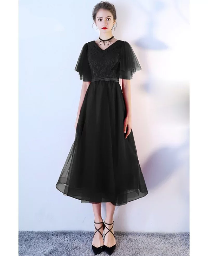 Retro Black Tulle Tea Length Party Dress Puffy Sleeves Bls86001